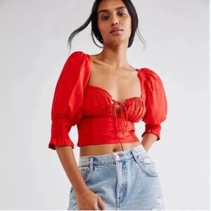 FREE PEOPLE Red Puff Sleeve Bustier Addison Top L